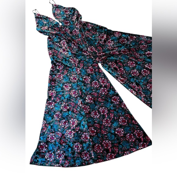Free People Volcano Super Wide Leg Velvet Floral Jumpsuit Green Pink Size Large - Picture 7 of 15